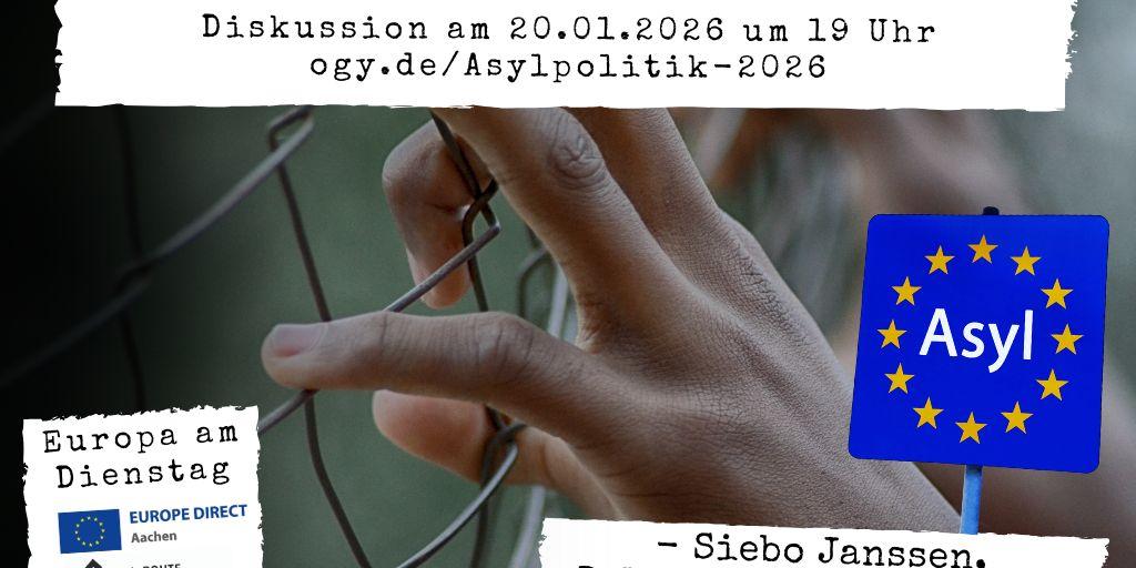 Hände eines Menschen am Zaun im Hintergrund, davor die Europaflagge mit dem Wort 'Asyl' in der Mitte und der Veranstaltungstitel auf einer Fläche über dem Bild, 'Grenz- und Asylpolitik der Europäischen Union'