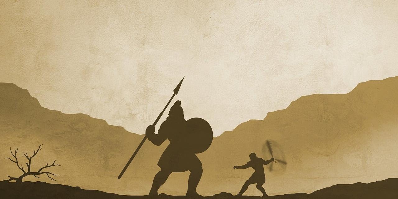 In Umrissen erkennbar sind der kleine David und der große Goliat als biblische Figuren.