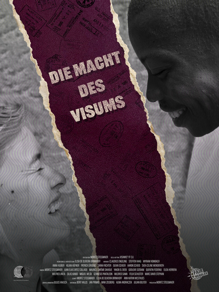 Eine weißhäutige Person (links) und eine Person mit dunkler Hautfarbe (rechts) schauen einander an, sie sind durch einen Riss voneinander getrennt mit der Aufschrift 'Die Macht des Visums'.