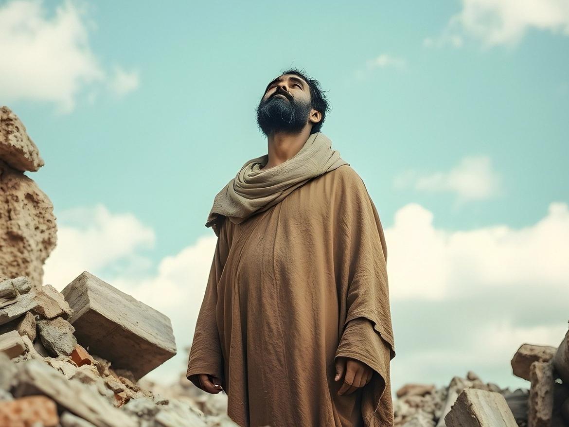 Prophet steht zwischen Trümmern Jerusalems und blickt hoffnungslos in den Himmel.
