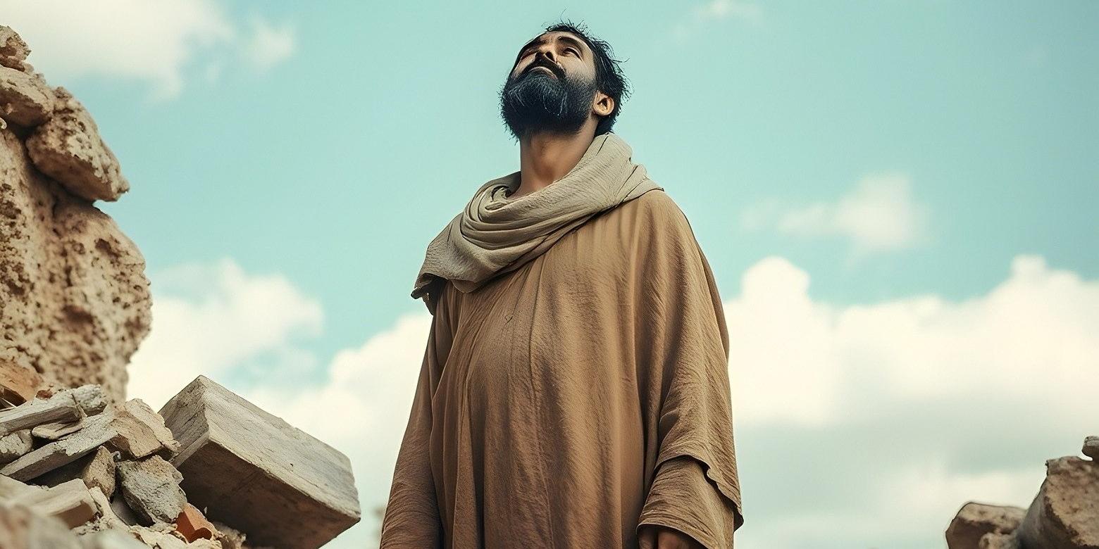 Prophet steht zwischen Trümmern Jerusalems und blickt hoffnungslos in den Himmel.