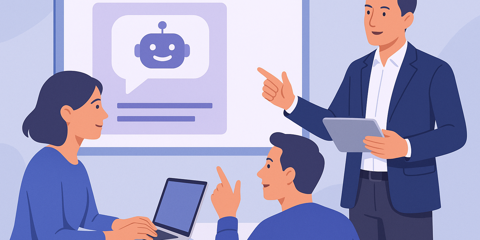 Bild im Stil einer Zeichnung: drei Personen, zwei sitzen an einem Tisch vor einem Bildschirm, eine Person steht davor, der Bildschirm zeigt ein Symbol für Künstliche Intelligenz