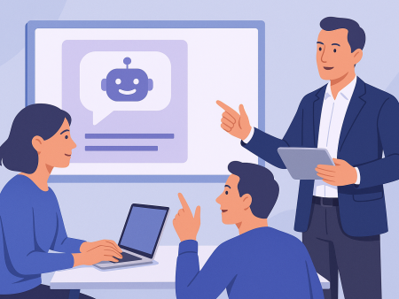 Bild im Stil einer Zeichnung: drei Personen, zwei sitzen an einem Tisch vor einem Bildschirm, eine Person steht davor, der Bildschirm zeigt ein Symbol für Künstliche Intelligenz