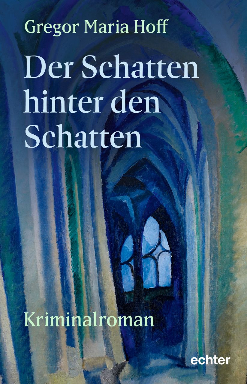 Gemalte Kirche mit Fensterbogen, es ist das Cover des Krimis 'Der Schatten hinter dem Schatten' von Gregor Maria Hoff.