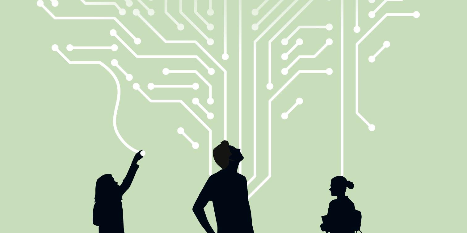 Drei Menschen, dargestellt in Silhouetten, schauen und zeigen zu einem gezeichneten Netzwerk. Es ist ein Ausschnitt aus dem Buchcover von Christian Uhle.