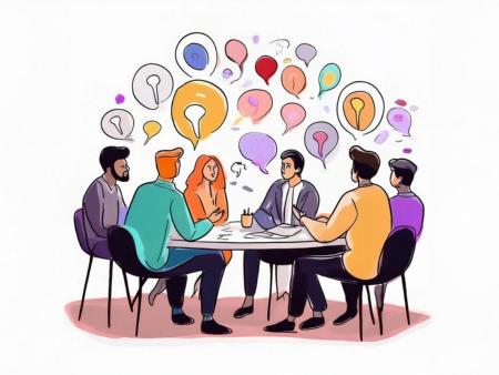 Menschen sitzen um einen Tisch, über ihnen Sprech- und Denkblasen (gezeichnetes Bild)