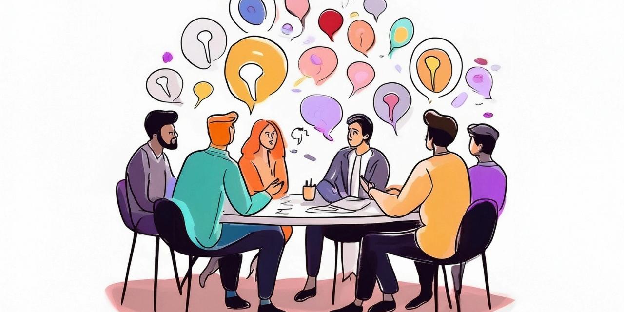 Menschen sitzen um einen Tisch, über ihnen Sprech- und Denkblasen (gezeichnetes Bild)