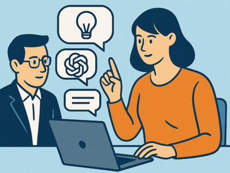 Gezeichnetes Bild, eine Frau erklärt einem Mann anhand von Sprechblasen (Glühbirne, GPT-Knäuel, Text), wie er künstliche Intelligenz benutzt.