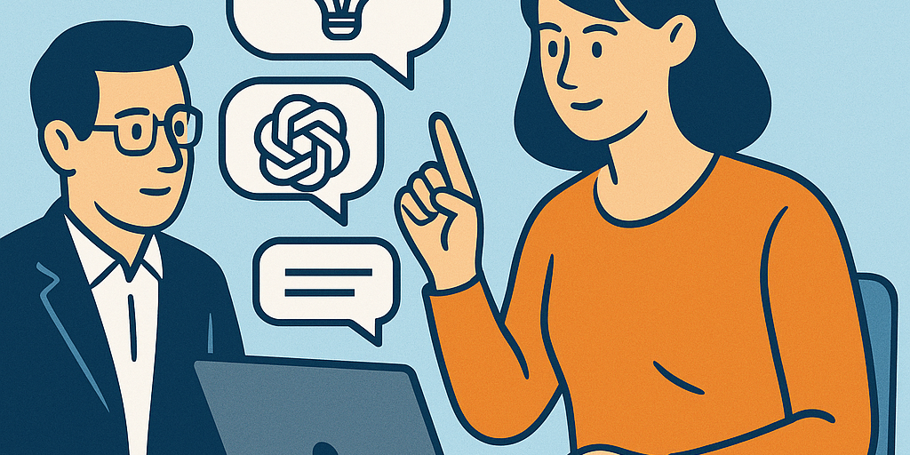 Gezeichnetes Bild, eine Frau erklärt einem Mann anhand von Sprechblasen (Glühbirne, GPT-Knäuel, Text), wie er künstliche Intelligenz benutzt.