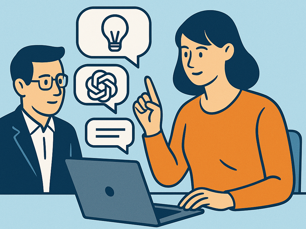 Gezeichnetes Bild, eine Frau erklärt einem Mann anhand von Sprechblasen (Glühbirne, GPT-Knäuel, Text), wie er künstliche Intelligenz benutzt.