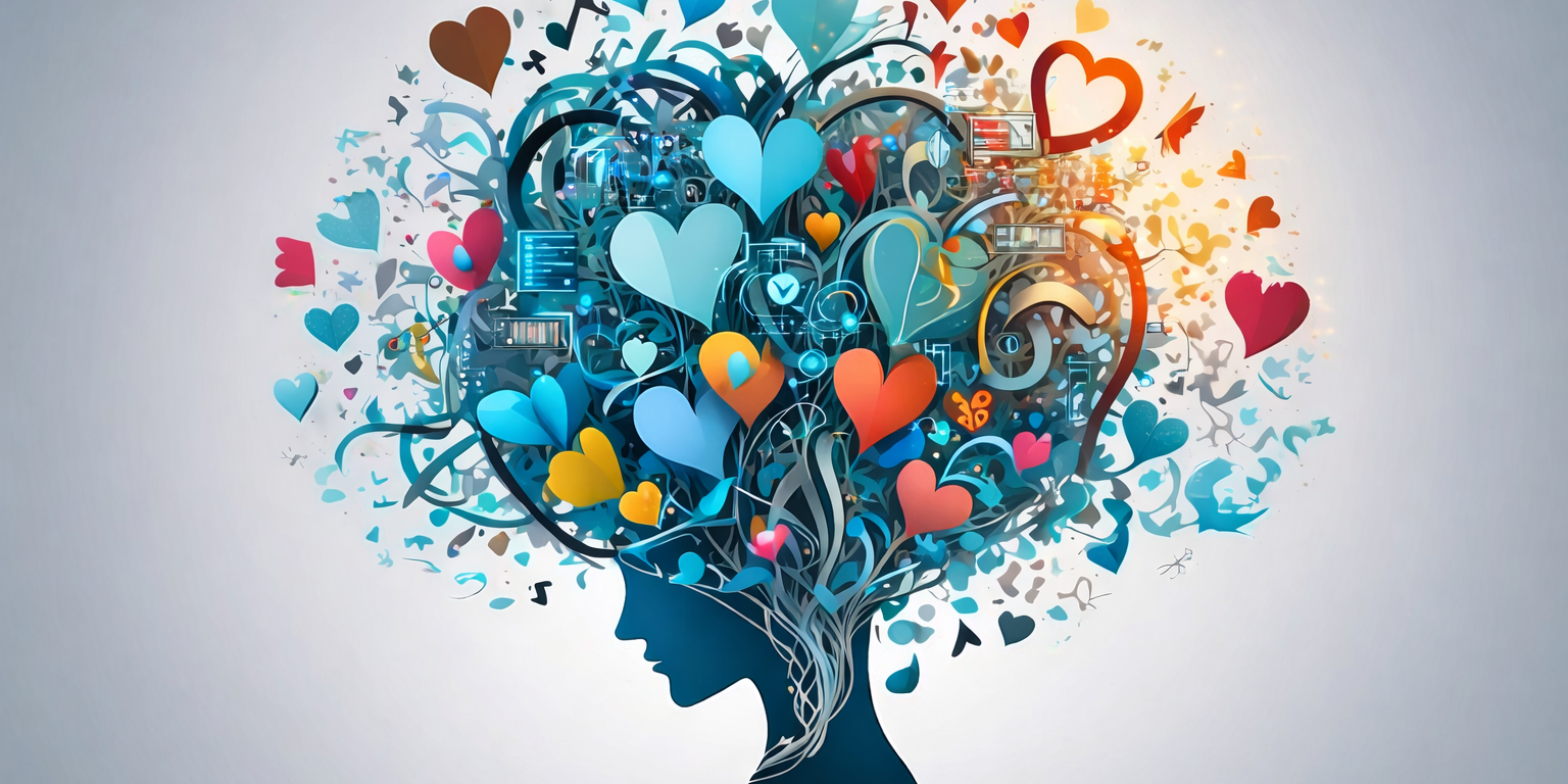 Gezeichneter Kopf mit einem Netzwerk aus Herzen rundum, wie eine Perücke.