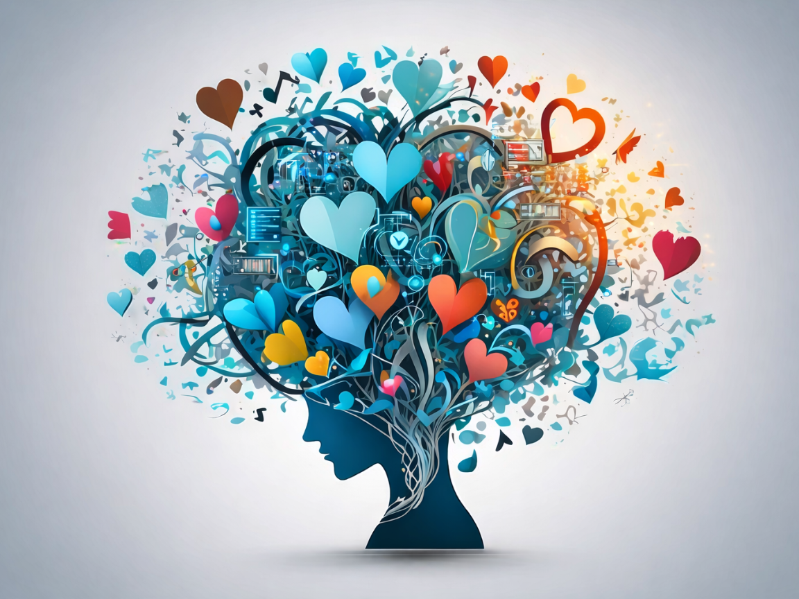 Gezeichneter Kopf mit einem Netzwerk aus Herzen rundum, wie eine Perücke.