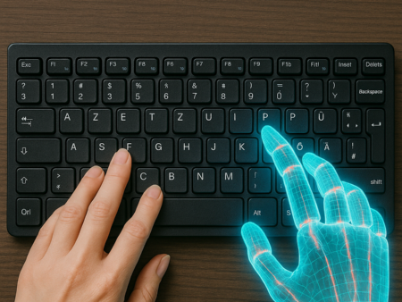 Eine Laptoptastatur wird von zwei Händen bedient, links eine Menschenhand, rechts eine Roboterhand.