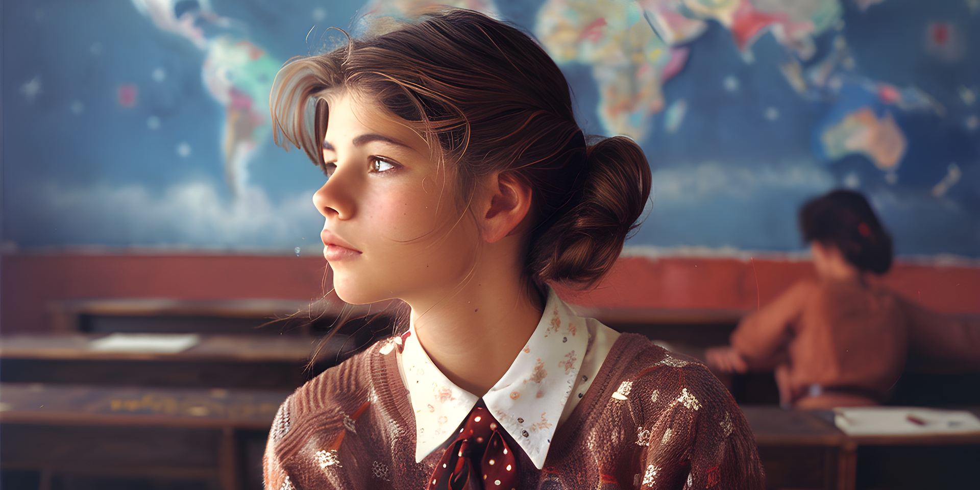 Eine Schülerin sitzt in einem Klassenraum und schaut versonnen in die Ferne. Hinter ihr eine blaue Wand mit einer Weltkarte, die Kontinente erinnern an bunte Wolken.