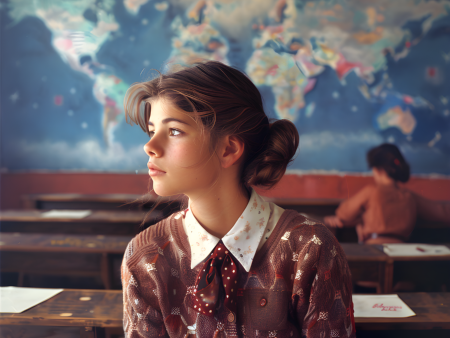 Eine Schülerin sitzt in einem Klassenraum und schaut versonnen in die Ferne. Hinter ihr eine blaue Wand mit einer Weltkarte, die Kontinente erinnern an bunte Wolken.