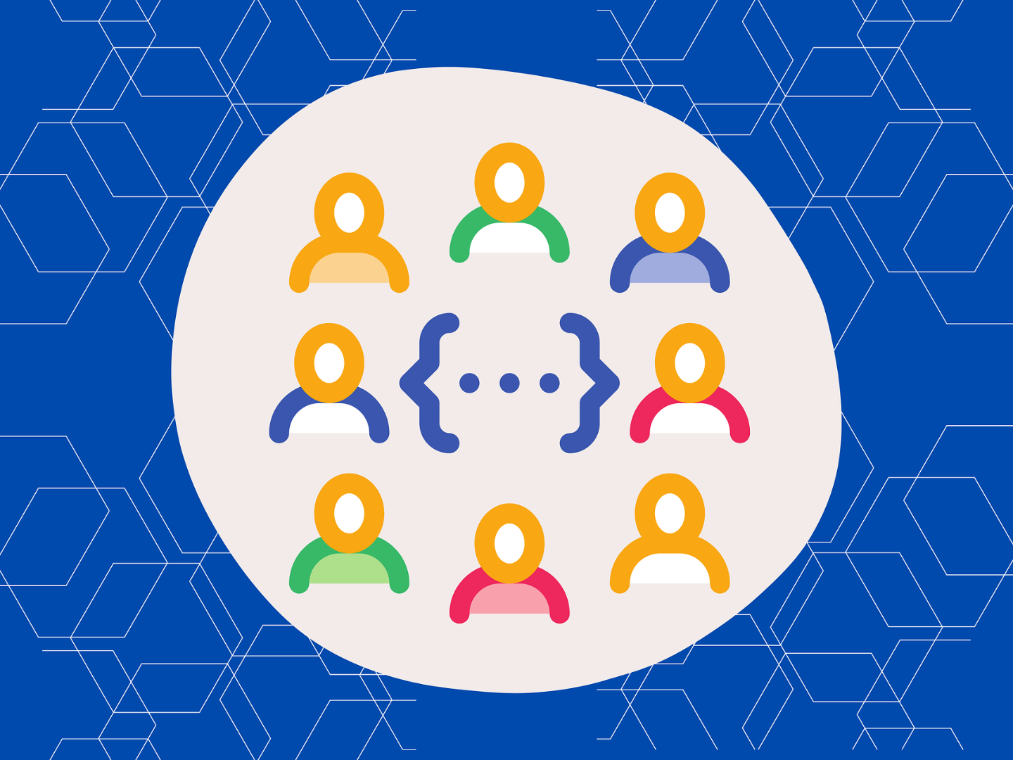 Menschen, stilisiert gezeichnet, in der Mitte eine Klammer mit drei Pünktchen wie eine Sprechblase.