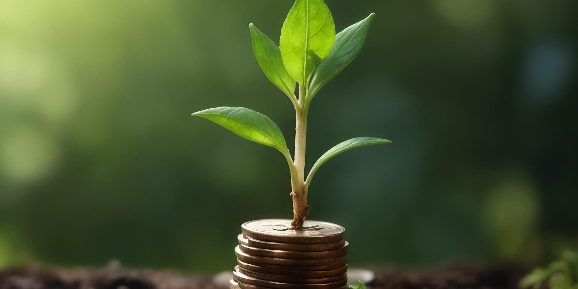 Eine junge Pflanze wächst wie aus einem Stapel Münzen heraus.