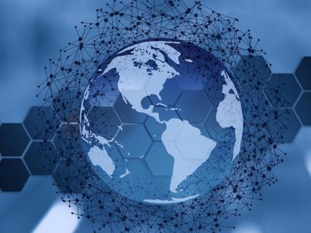 Weltkugel, grafische Darstellung, mit einem gezeichneten Netzwerk, das darüberliegt