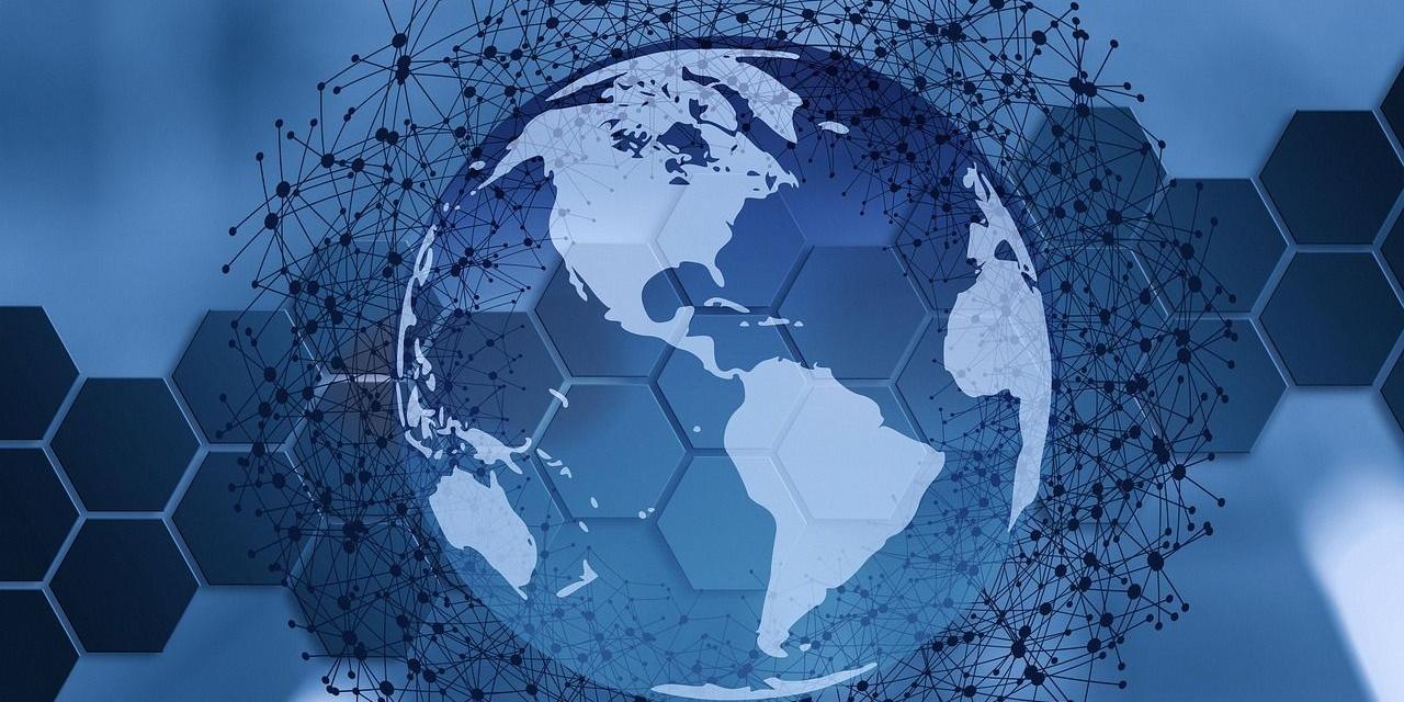 Weltkugel, grafische Darstellung, mit einem gezeichneten Netzwerk, das darüberliegt