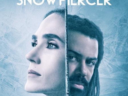 Plakat für die Serie 'Snowpiercer', eisiger Hintergrund, geteiltes Motiv, links schaut eine Frau nach links aus dem Bild, rechts ein Mann